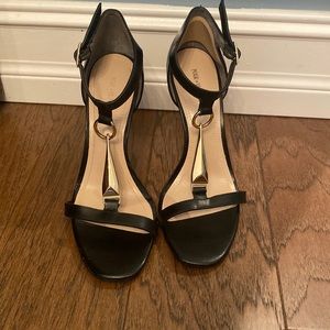 Pour La Victorie Gold Hardware Black Leather Ankle Strap Heel